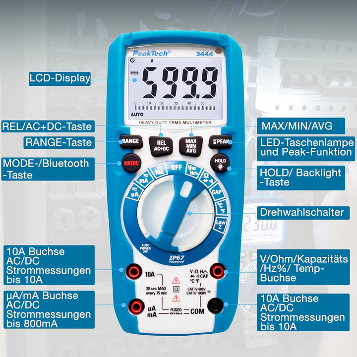 PeakTech 3444 – True RMS Digital Multimeter, Wasserdicht (IP67), 6000 Counts, Extrem Robustes Gehäus
