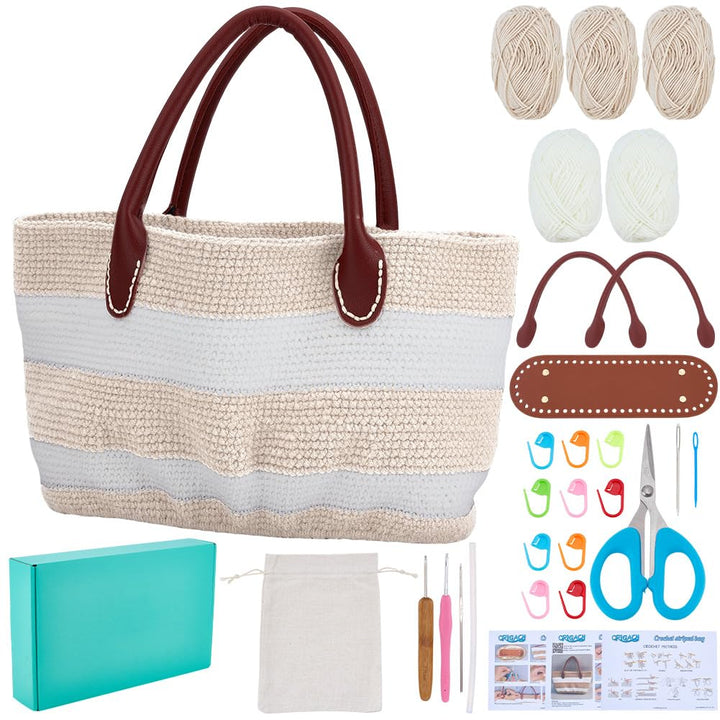 ORIGACH Handtasche Häkelset mit PU-Lederband und -Basis Für Anfänger, DIY Beige gestreifte Tasche St