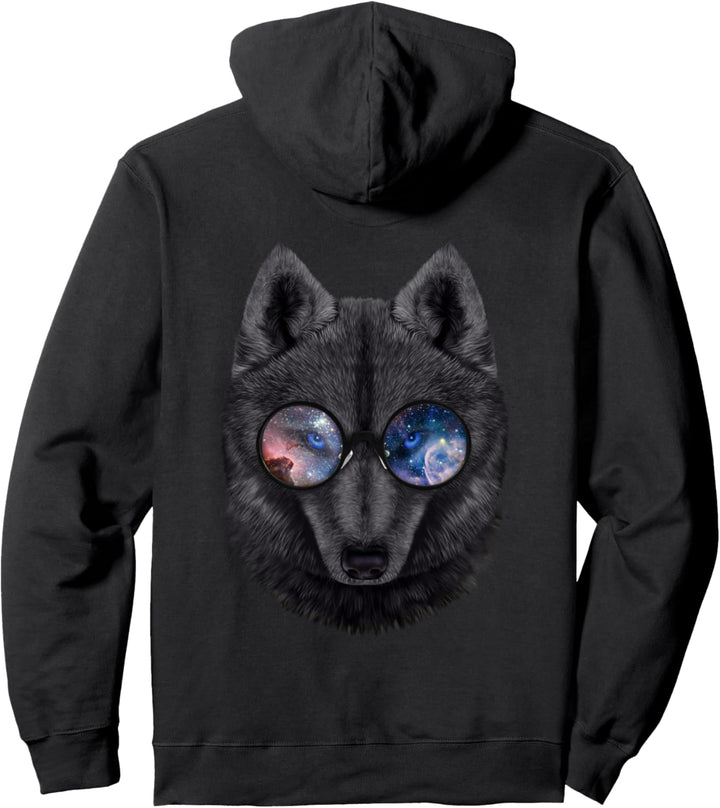 Schwarzer Wolf, die Raumgalaxiensonnenbrille trägt Pullover Hoodie