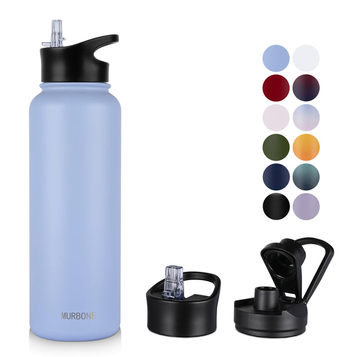 Edelstahl Trinkflasche 1.2L (+2 Deckel)-mit Strohhalm,BPA frei,Thermosflasche Auslaufsicher,Kohlensä