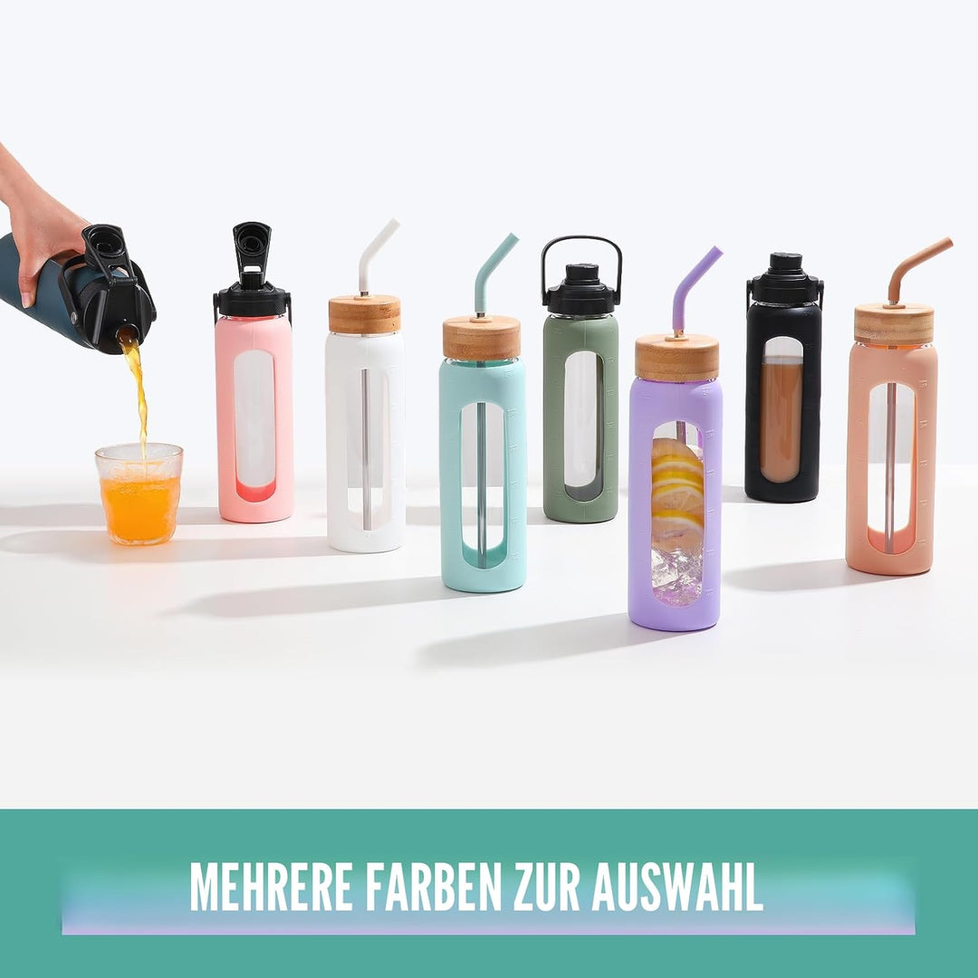 BLUEGO 700ml Glaswasserflasche mit Strohhalm und 2 Deckeln Kaffeetasse aus Glas mit Zeitmarkierung u