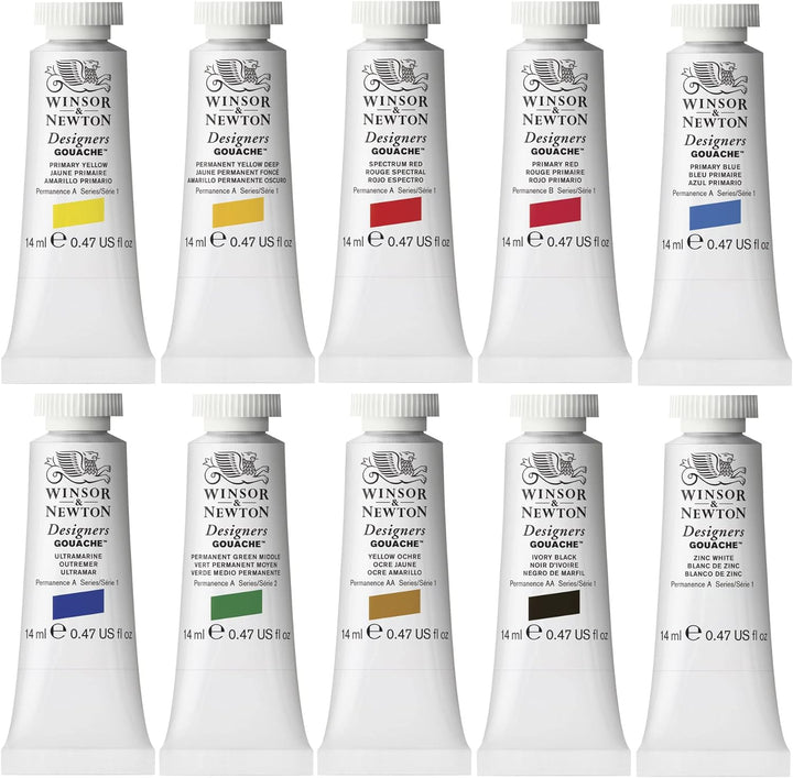 Winsor & Newton 0690173 Designers Gouache, feinste Künstlerfarbe, Einführungsset 10 Farben in 14ml T