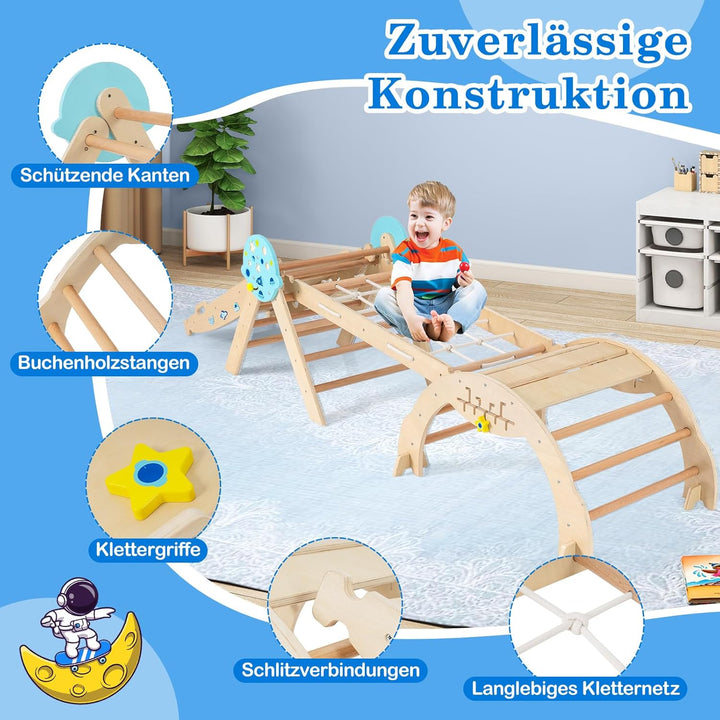 COSTWAY Klettergerüst Indoor 4er Set, klappabres Kletterdreieck mit Rutsche, Kletterbogen, Netz, ink