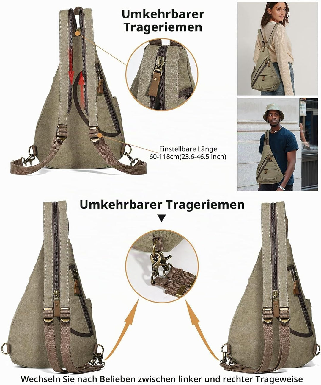 KL928 Canvas Sling Bag Rucksack Damen und Herren – Schulterrucksack Umhängetasche Crossbag Verstellb