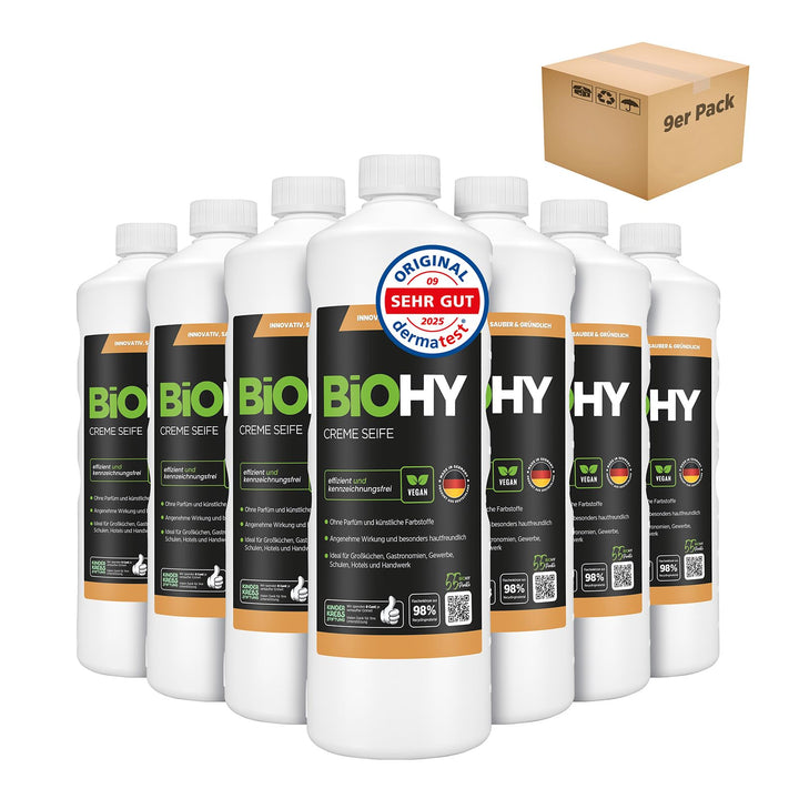 BiOHY Creme Seife (9 x 1 Liter) | Hautschonende, rückfettende &amp; geruchsneutrale Handseife | flüssige