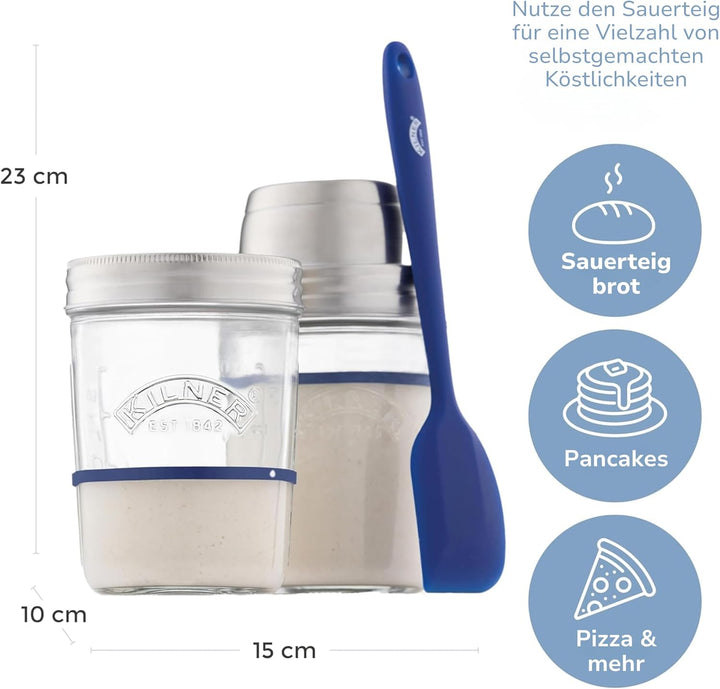 Kilner Sauerteig Starter Set 5-teilig / 350 ml / Glas mit Messbecher-Deckel, Weithals-Glas, Gummirin
