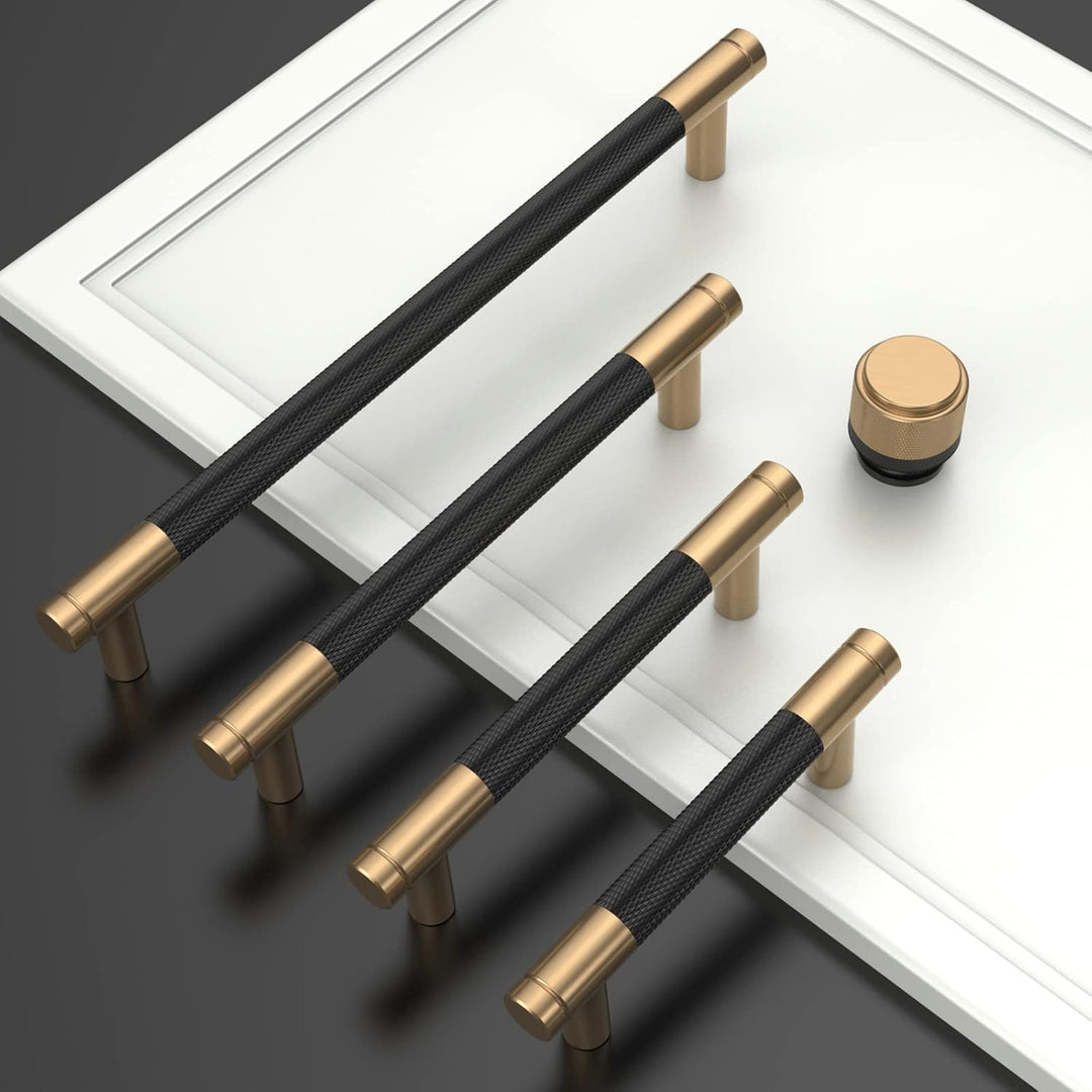 Amerdeco 10 Stück Mattes Schwarz-Gold Schrankgriffe 192mm Lochabstand, Aluminium Griffe für Küchensc
