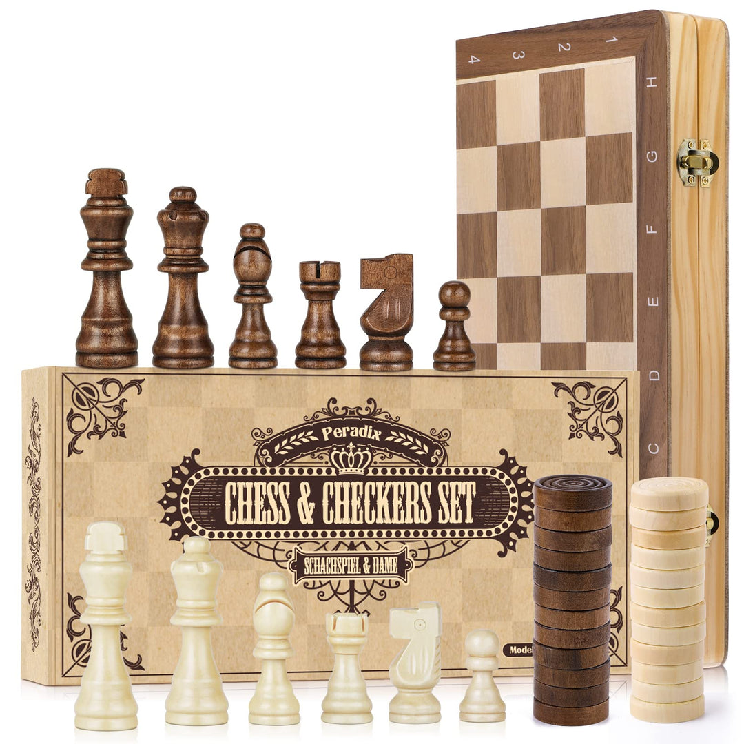 Peradix 2 in 1 Schach und Dame Spiel aus Holz - 38x38CM Klappbar Schachbrett Magnetisch Handgefertig