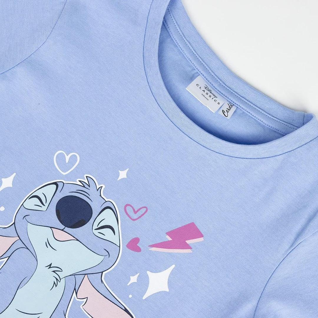 Disney Lilo und Stitch Mädchen-Schlafanzug, Grösse 128-164, hellblaues Oberteil mit Stitch, rosa Hos