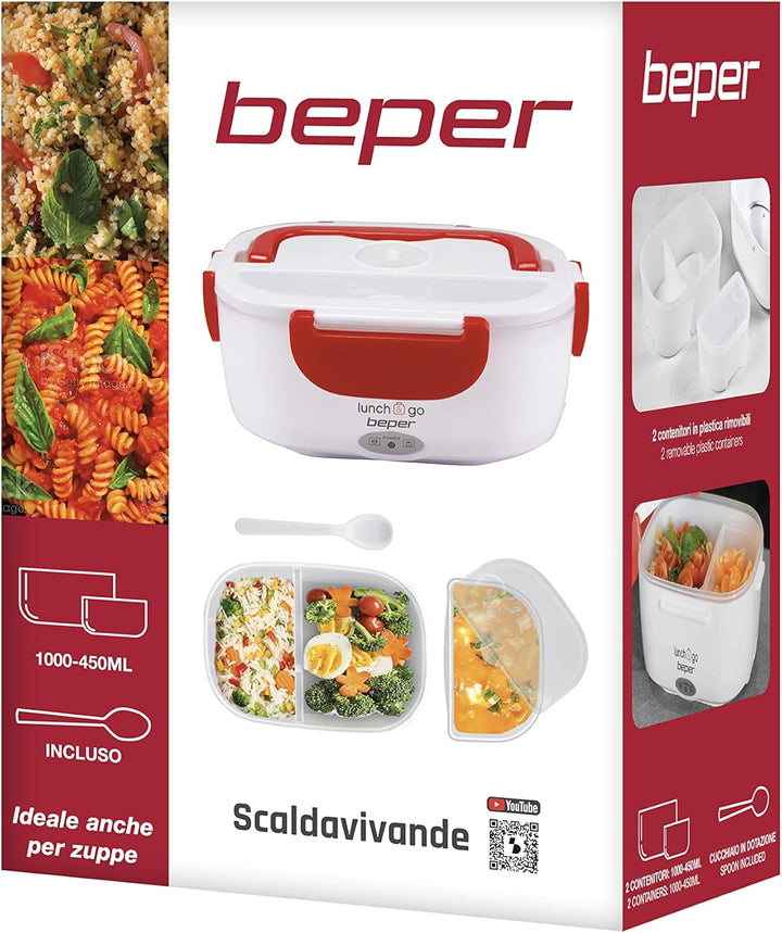 BEPER Lunch & Go - Wärmende Lunchbox, tragbarer elektrischer Speisenwärmer, 2 herausnehmbare Behälte