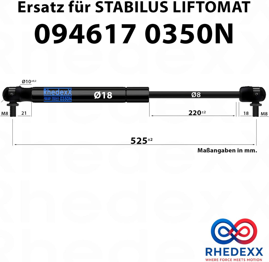 Gasdruckfeder RhedexX® IT836G-2 0350N Gasdruckdämpfer mit M8 Winkelgelenk Kugelgelenk Kugelkopf 525m