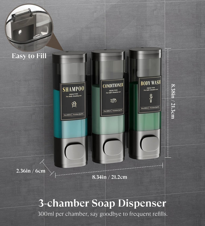 Luxspire Shampoo- und Conditioner-Spender, bohrerloser Wand-Duschseifenspender mit 3 Kammern und was