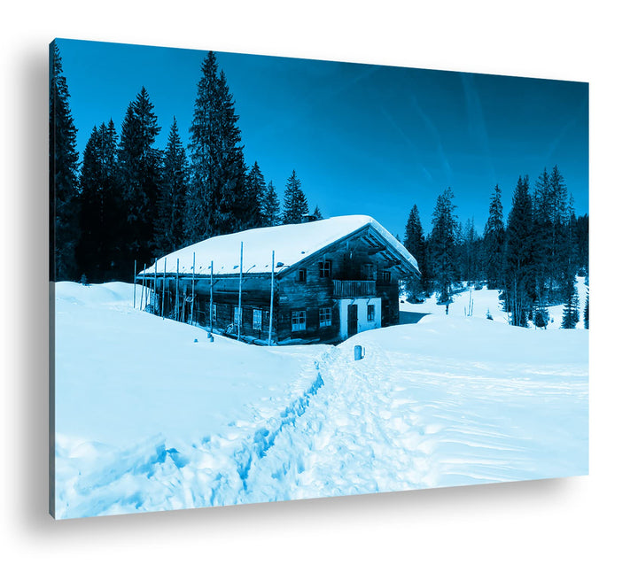deyoli Skihütte im Winter Format 60x40 Effekt: Monocrome Blau als Leinwandbild, Motiv fertig gerahmt