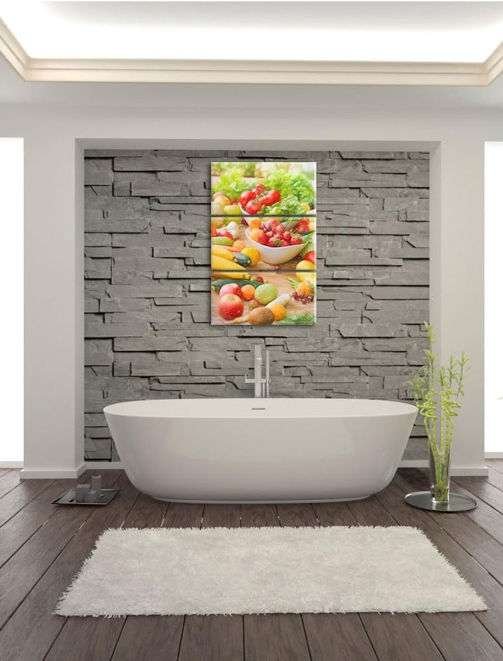 Pixxprint Buntes Obst und Gemüse Bunstift Effekt 3-Teiler Leinwandbild 120x80 Bild auf Leinwand