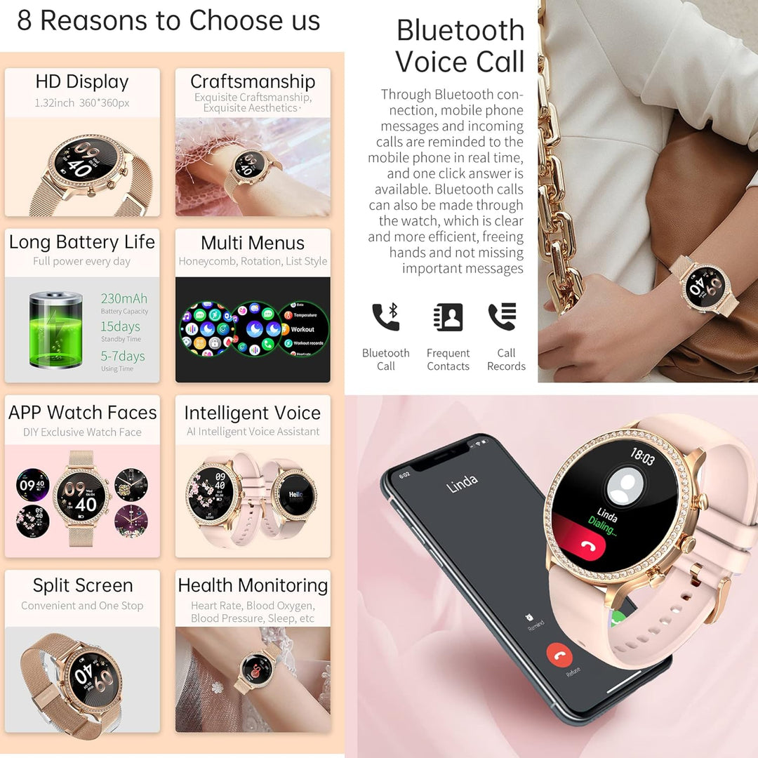 Smartwatch Damen mit Telefonfunktion, 1,32 Fitnessuhr Diamond Damen, Fitness Tracker Uhr mit Menstru