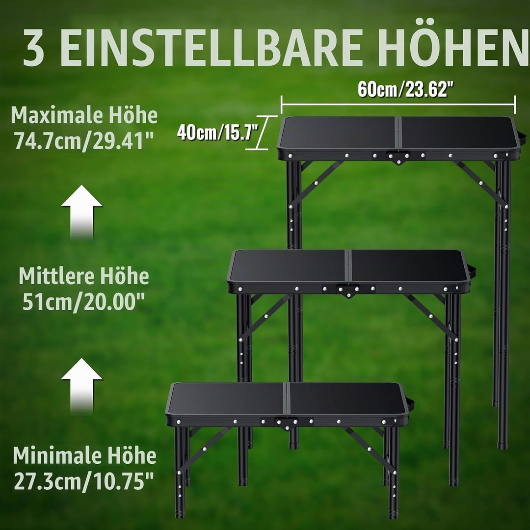GARLLEN Klappbarer Campingtisch, 60x40cm mit 3 Höhenverstellbar(27/51/75cm), Stabiler Tragbar Klappt
