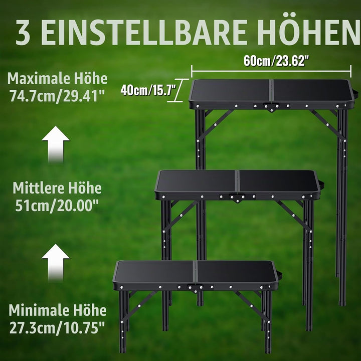 GARLLEN Klappbarer Campingtisch, 60x40cm mit 3 Höhenverstellbar(27/51/75cm), Stabiler Tragbar Klappt