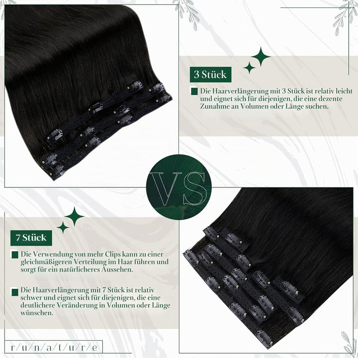 RUNATURE Clip in Extensions Echthaar Schwarz Glatt 40cm Echthaar Extensions Clip Naturliches Schwarz