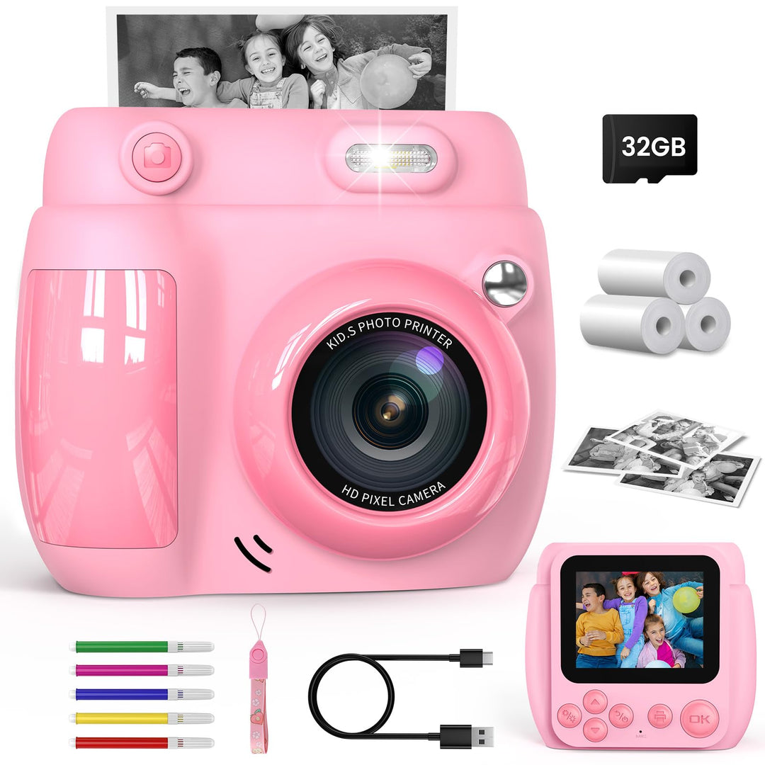 Gofunly Sofortbildkamera Kinder, 2.4 Zoll Bildschirm Kinderkamera Sofortbildkamera mit 32GB Karte &