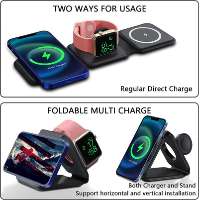 Qoosea Wireless Charger 3-in-1 Induktive Ladestation Ladegerät mit Faltbarer 15-W-LadestäNder, für 1