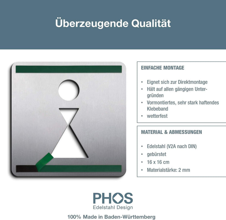 PHOS Design, PS0401S, WC Türschild Frauen, 16 x 16 cm, Edelstahl gebürstet, selbstklebend, Toiletten