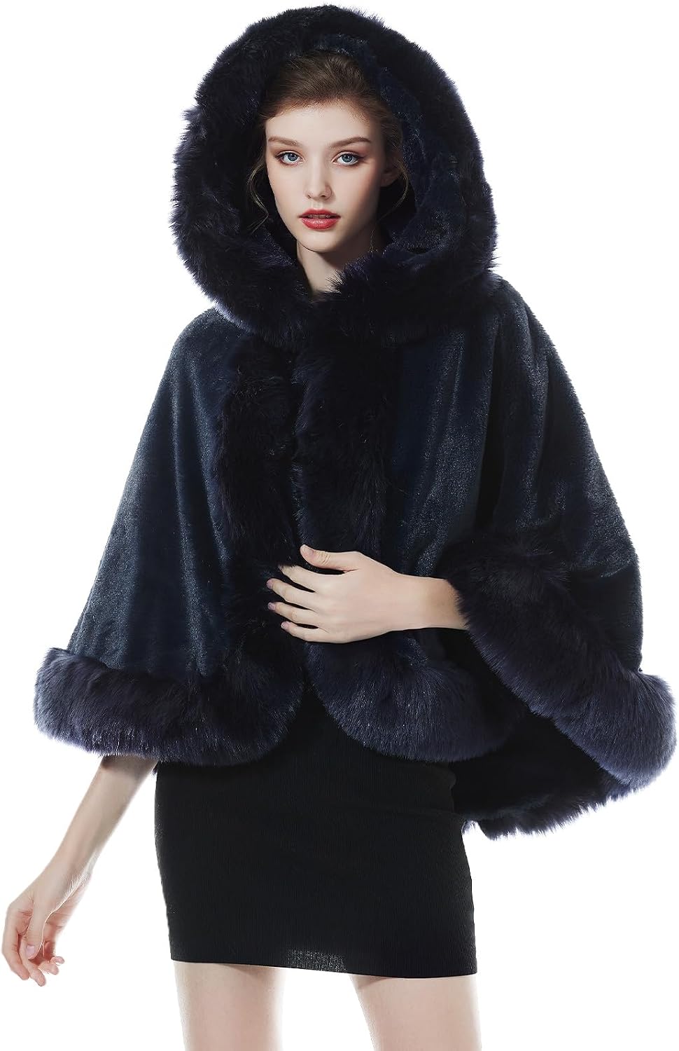 BEAUTELICATE Damen Kunstpelz Braut Umhang mit Kapuze Winter Braut Poncho Cape Kurz Warm Kunstpelz St