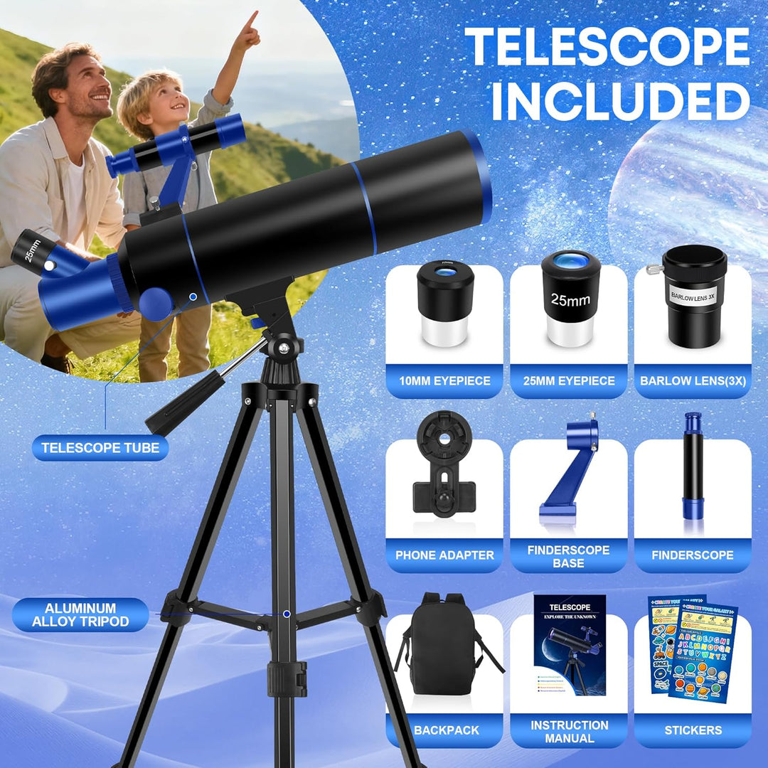 Dianfan Teleskop für Erwachsene Astronomie, 80mm Blende 500mm Teleskop für Kinder & Anfänger, Tragba