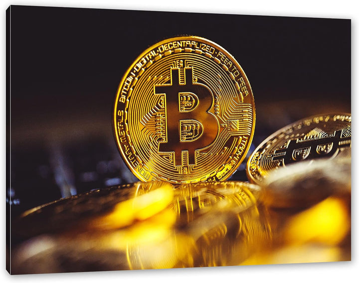 Pixxprint Bitcoin BTC zwischen Münzen als Leinwandbild | Grösse: 120x80 cm | Wandbild | Kunstdruck |