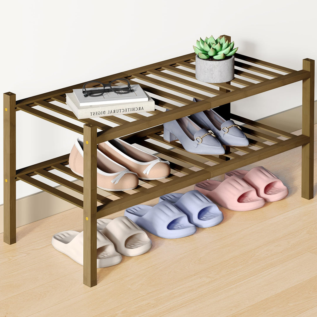 smiry Schuhregal aus Bambus, Schuhregal Platzsparend mit 2 Ebenen, Erweiterbar Stapelbar Shoe Rack,