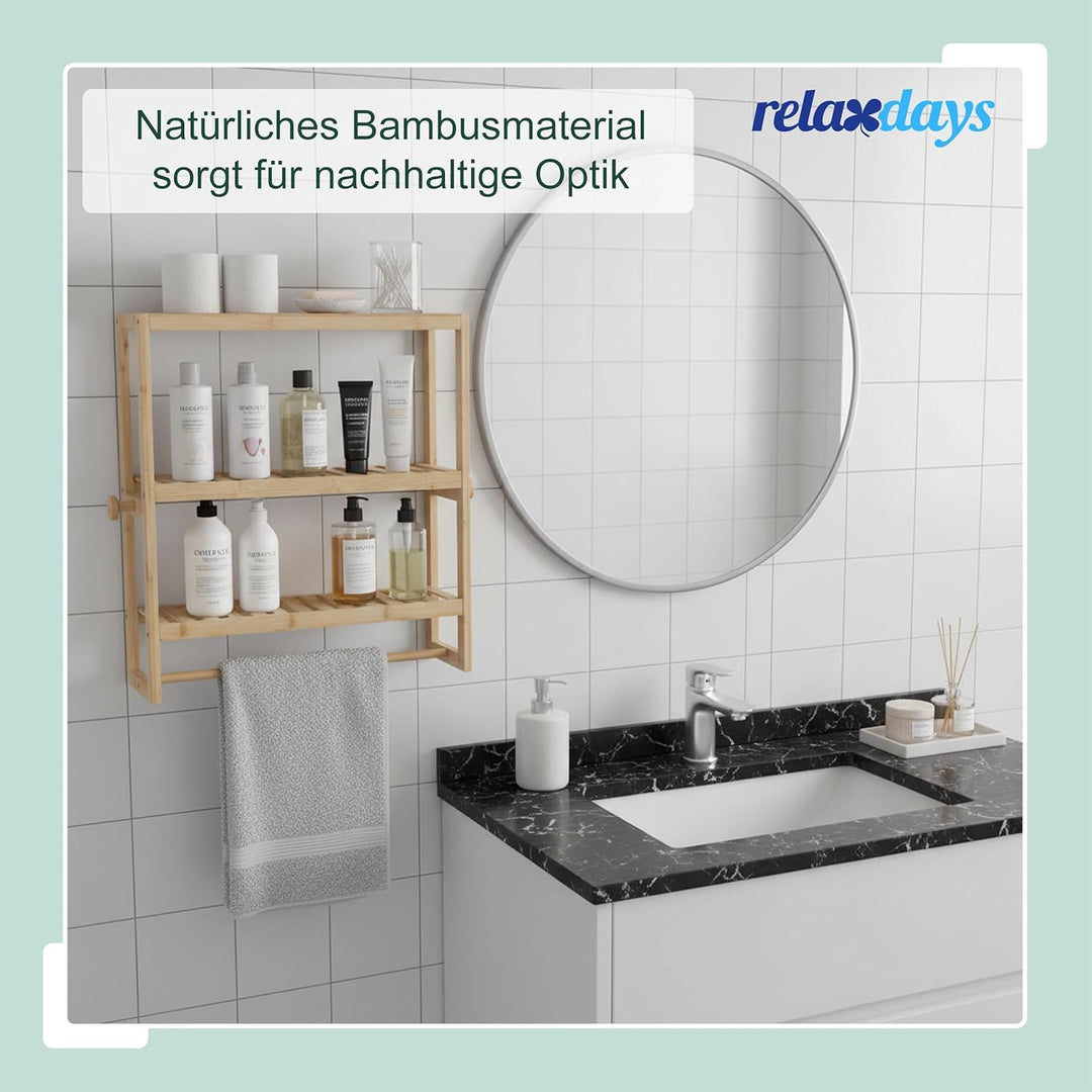 Relaxdays Wandregal Bad, HxBxT: 54 x 60 x 15 cm, Bambus, Handtuchstange, 2 Haken, schmales Schwebere