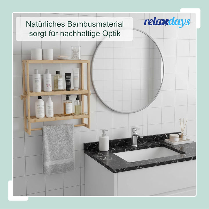 Relaxdays Wandregal Bad, HxBxT: 54 x 60 x 15 cm, Bambus, Handtuchstange, 2 Haken, schmales Schwebere