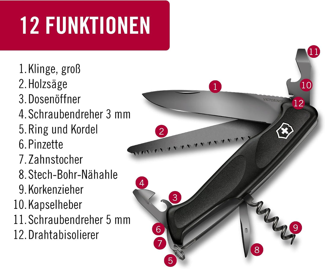 Victorinox Taschenmesser Ranger Grip 55 Onyx Black (12 Funktionen, Festellklinge, Holzsäge), schwarz