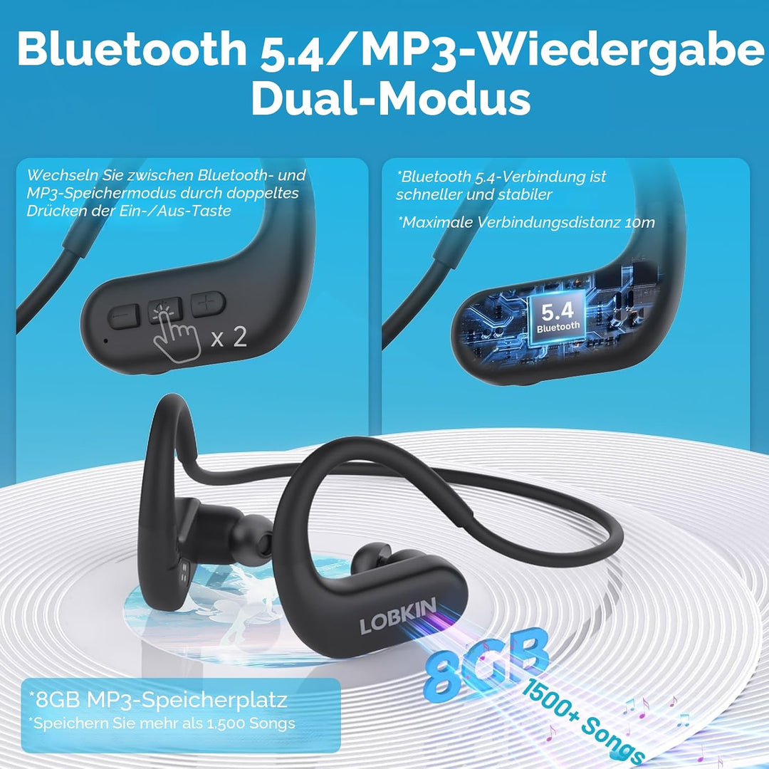 LOBKIN Kopfhörer Schwimmen, In Ear Knochenschall Kopfhörer Bluetooth 5.4,IPX8 Unterwasser wasserdich