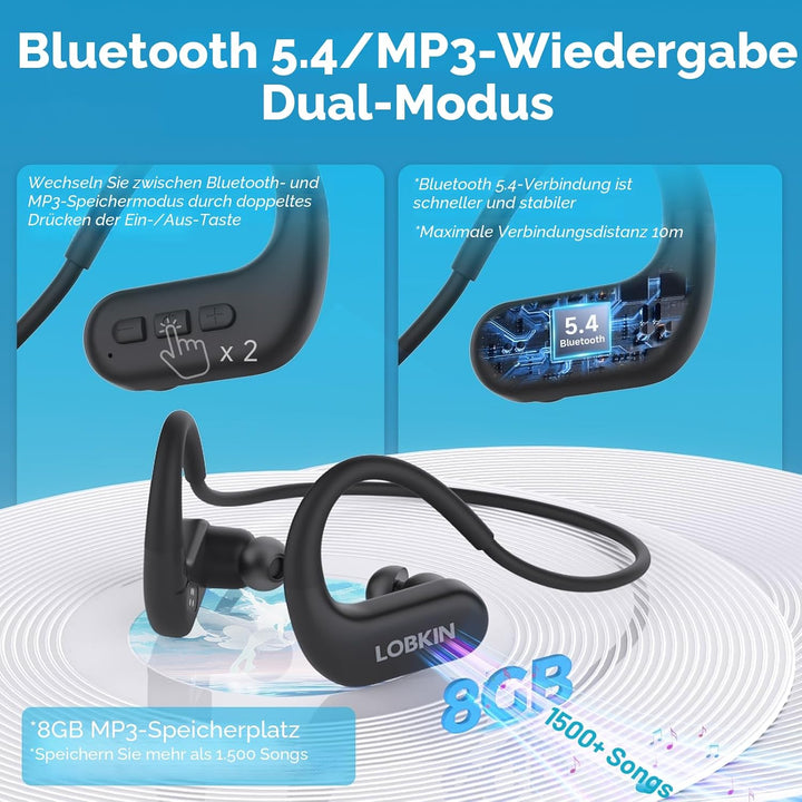 LOBKIN Kopfhörer Schwimmen, In Ear Knochenschall Kopfhörer Bluetooth 5.4,IPX8 Unterwasser wasserdich