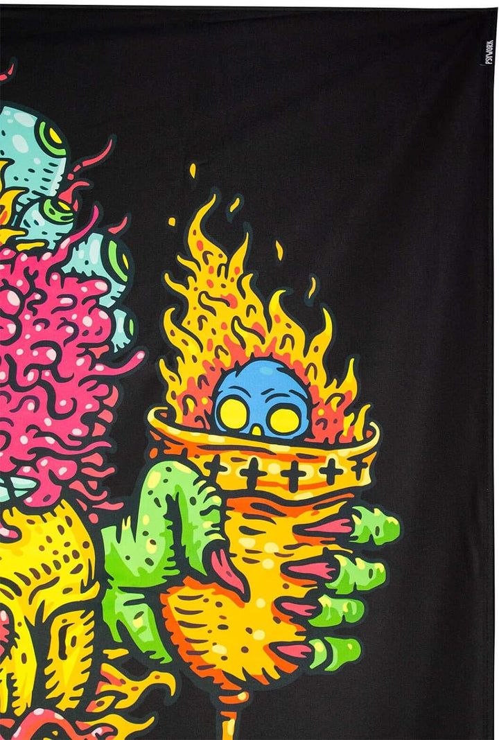 PSYWORK Schwarzlicht Stoffposter Neon | Trippy Fire Skull | 1,5 x 2,0m | UV-aktiv | fluoreszierend |