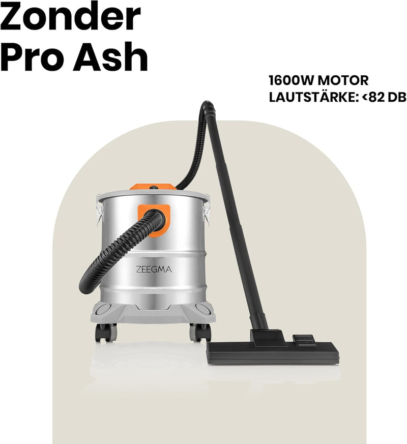 Zeegma ZONDER PRO ASH Trockensauger für Asche und Schutt, Industriestaubsauger 1600W, Edelstahlbehäl