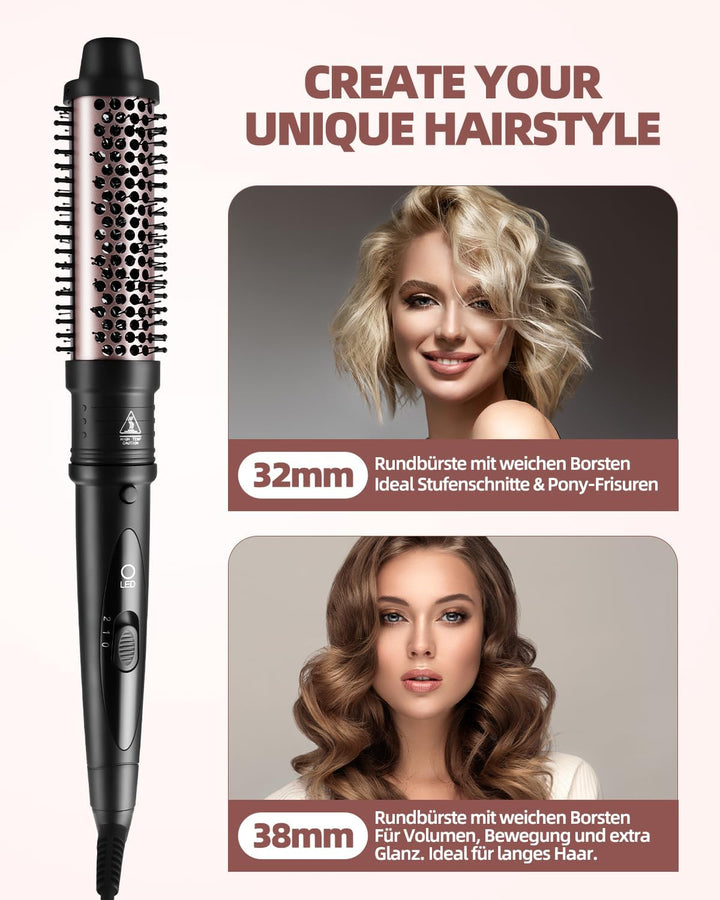 Thermal Brush Warmluftbürste Haarstyling Lockenbürste, 38/32mm 2 en 1 Thermobürste Rundbürste set, 2