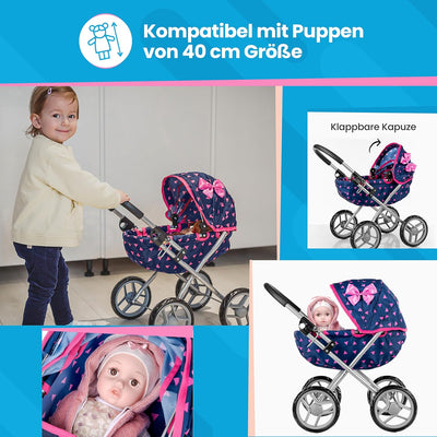 Kinderplay Puppenwagen ab 2, 3 Jahre Kinderwagen Spielzeug - Marineblaue, Puppenwagen Kombi, Leichte