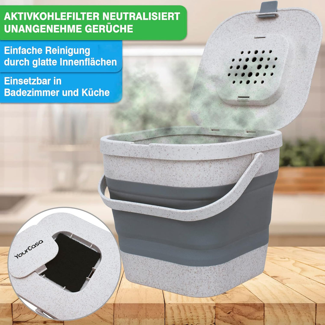 YourCasa® Faltbarer Biomülleimer 4L - kompakter Bio Mülleimer mit geruchsdichtem Aktivkohlefilter-De
