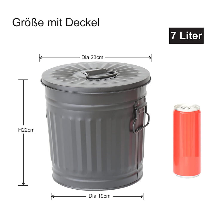 Jinfa 2 Sets Retrodesign Mülleimer mit Deckel | Mattschwarz | Ø 21,5 cm, Höhe 21,5 cm, 7 Liter Matts