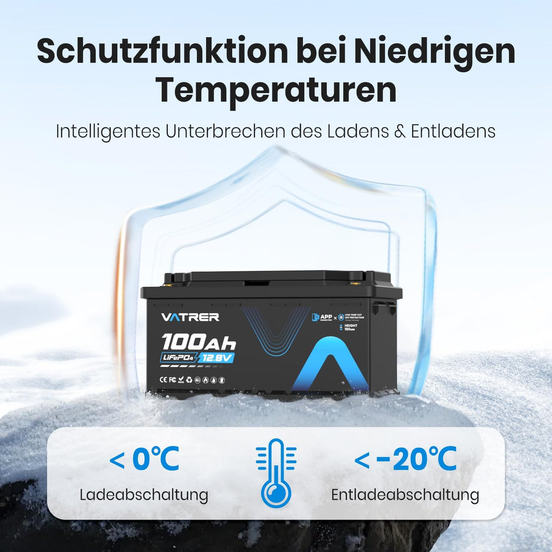 VATRER POWER 12V 100Ah H190 Bluetooth LiFePO4 Batterie mit 188mm Höhe 1280Wh 5000+ Zyklen Lithium Ba