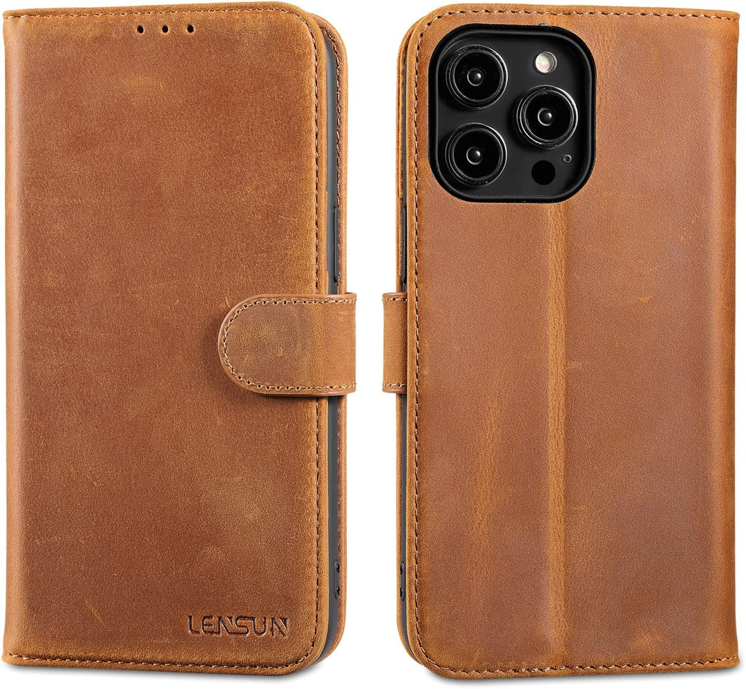 LENSUN Echtleder Hülle für iPhone 14 Pro Max, Handyhülle [Echtes Leder][Magnetverschluss][RFID Schut