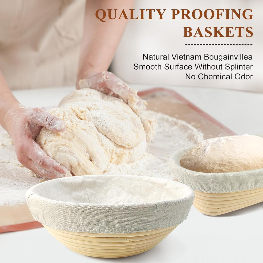 Banneton Brotgärkörbchen-Set für Sauerteigbrotbacken: 23cm runde & 25cm ovale Rattan-Gärkörbchen mit