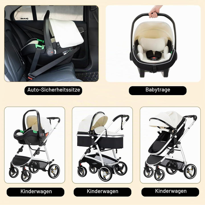 Gcarebb 3-in-1-Kinderwagen aus PU-Leder, Stadtkinderwagen mit Autositz, tragbarer Ein-Klick-Klappsto