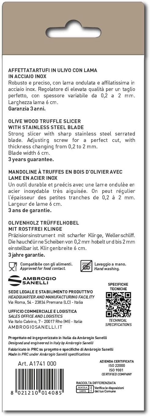 Sanelli Ambrogio 1741.000 Affettatartufi Feinhobel Olivenholz mit Wellenschliff, Holz, Braun, 23.0 x