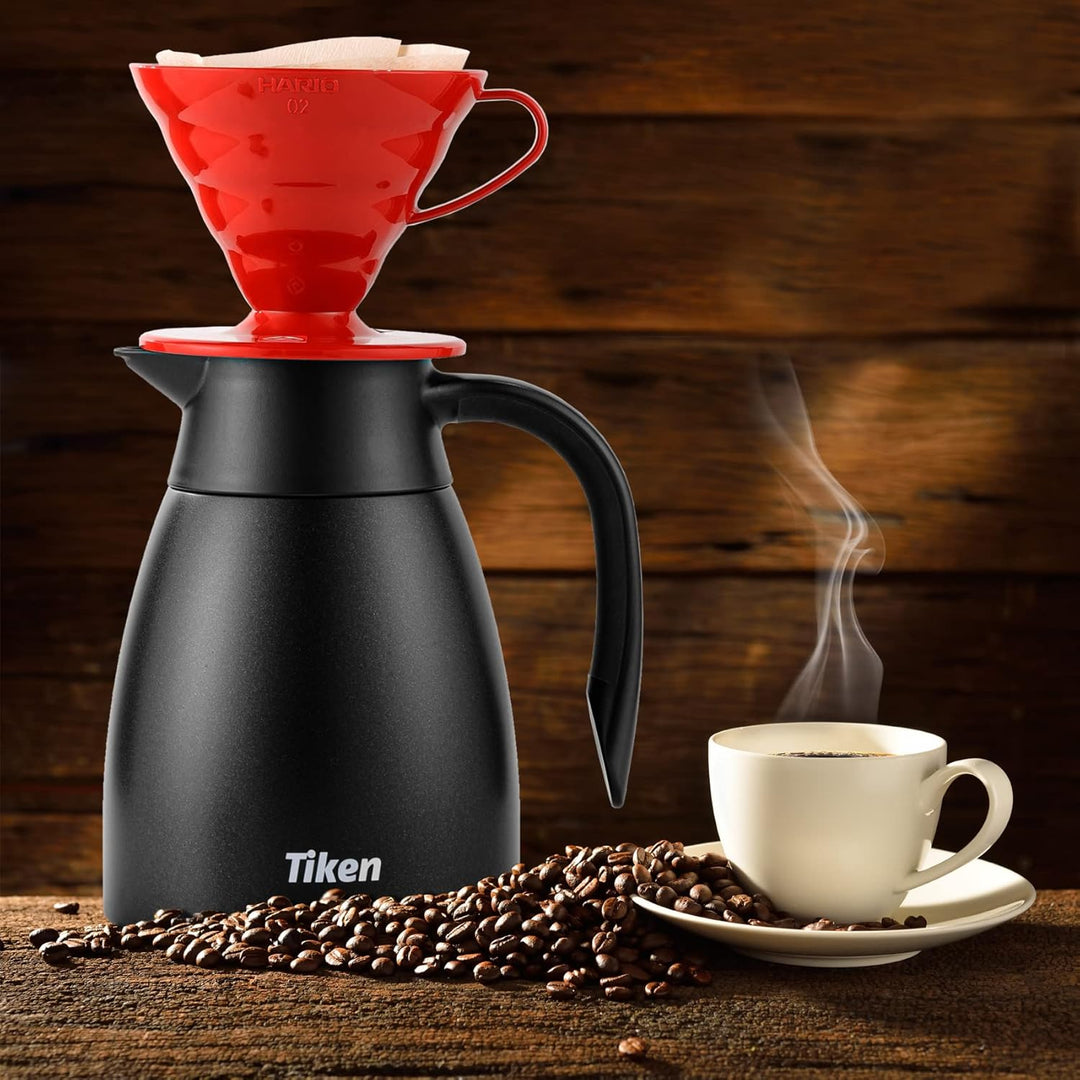 Tiken 1L Thermoskanne Edelstahl Doppelwandige Vakuumisolierung Isolierkanne Kaffeekanne Schwarz Schw