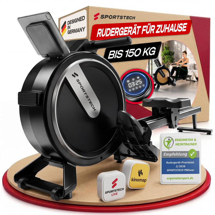 Sportstech PROwer Rudergerät für Zuhause, 32 Stufen Magnetwiderstand, LED Display, Dual Slide Rail,