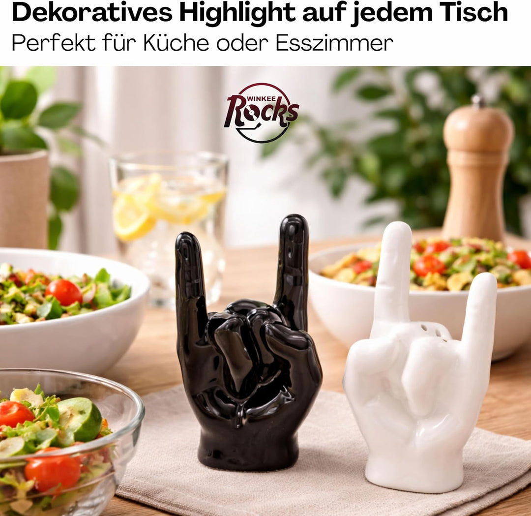 Winkee Rocks - Rock Hand Salt & Pepper Shaker aus Keramik I Die rockigen Gewürz Streuer in Metal Han