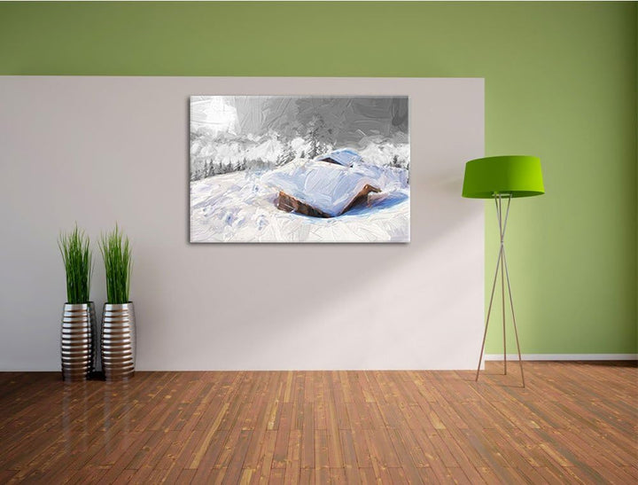 hübsche verschneite Berghütten in den Alpen Format: 100x70 auf Leinwand, XXL riesige Bilder fertig g