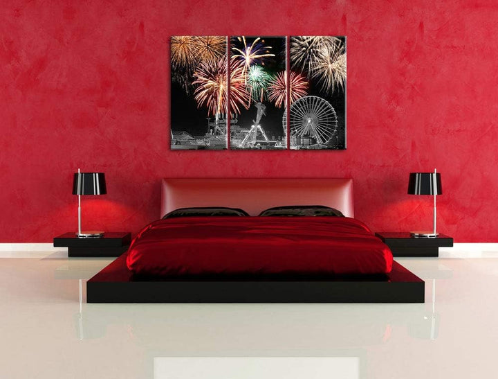 Silvester Feuerwerk schwarz/weiss 3-Teiler Leinwandbild 120x80 Bild auf Leinwand, XXL riesige Bilder